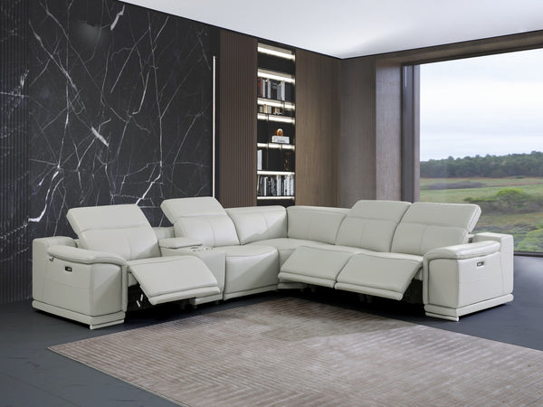 Homeroots Light Gray Italian Leather Power Reclining U Shaped Six Piece Corner Sectional With Console Light Grey  476589