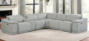 Homeroots Light Gray Italian Leather Power Reclining U Shaped Six Piece Corner Sectional With Console Light Grey  476589