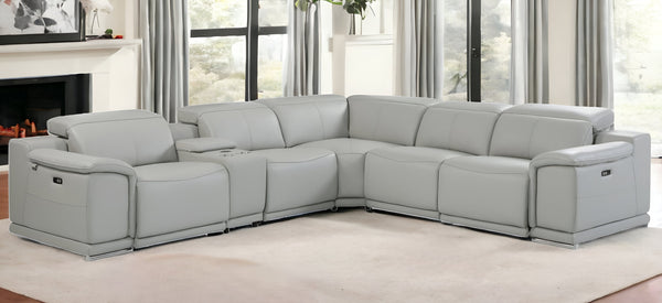 Homeroots Light Gray Italian Leather Power Reclining U Shaped Six Piece Corner Sectional With Console Light Grey  476589