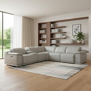 HomeRoots Light Italian Leather Power Reclining U-Shaped Sectional Sofa with Console for Ultimate Comfort LIGHT GREY 476589