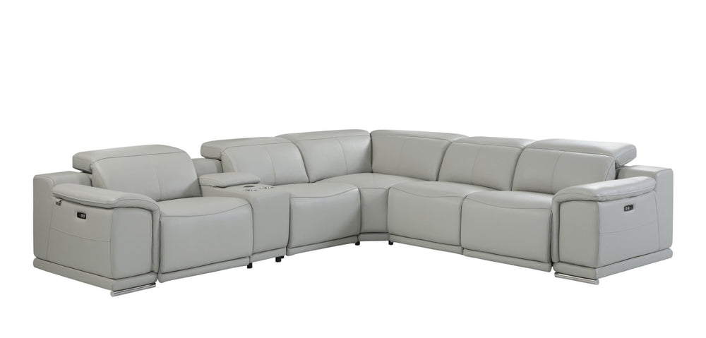 HomeRoots Light Italian Leather Power Reclining U-Shaped Sectional Sofa with Console for Ultimate Comfort LIGHT GREY 476589