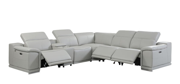 HomeRoots Light Italian Leather Power Reclining U-Shaped Sectional Sofa with Console for Ultimate Comfort LIGHT GREY 476589