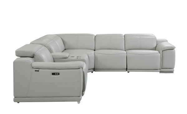 Homeroots Light Gray Italian Leather Power Reclining U Shaped Six Piece Corner Sectional With Console Light Grey  476589