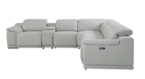 Homeroots Light Gray Italian Leather Power Reclining U Shaped Six Piece Corner Sectional With Console Light Grey  476589