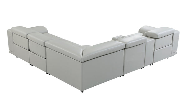 Homeroots Light Gray Italian Leather Power Reclining U Shaped Six Piece Corner Sectional With Console Light Grey  476589