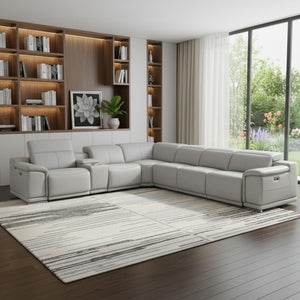 HomeRoots Light Italian Leather Power Reclining U-Shaped Sectional Sofa with Console for Ultimate Comfort LIGHT GREY 476592