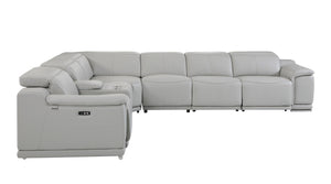 Homeroots Light Gray Italian Leather Power Reclining U Shaped Seven Piece Corner Sectional With Console Light Grey  476592