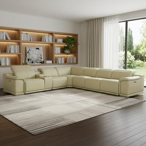 HomeRoots Beige Italian Leather U-Shaped Sectional Sofa with Power Recline and Console for Ultimate Comfort BROWN 476593