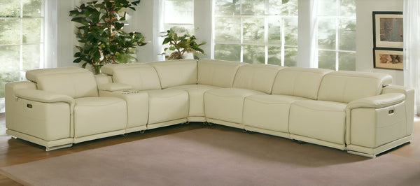 Homeroots Beige Italian Leather Power Reclining U Shaped Seven Piece Corner Sectional With Console Brown  476593