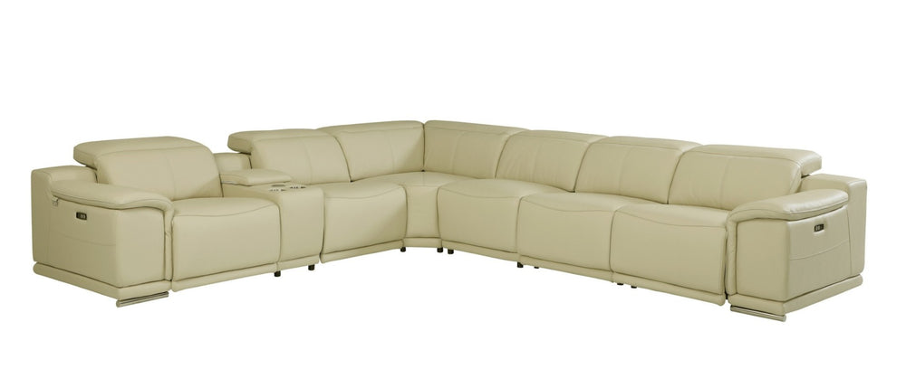HomeRoots Beige Italian Leather U-Shaped Sectional Sofa with Power Recline and Console for Ultimate Comfort BROWN 476593