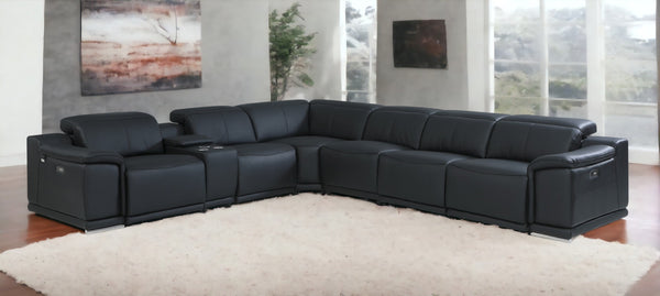 Homeroots Black Italian Leather Power Reclining U Shaped Seven Piece Corner Sectional With Console Black  476594
