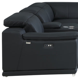Homeroots Black Italian Leather Power Reclining U Shaped Seven Piece Corner Sectional With Console Black  476594