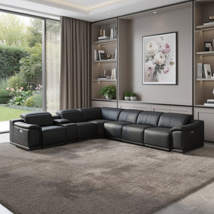 HomeRoots Black Italian Leather U-Shaped Sectional Sofa with Power Recline, Console & Modern Elegance Black 476594