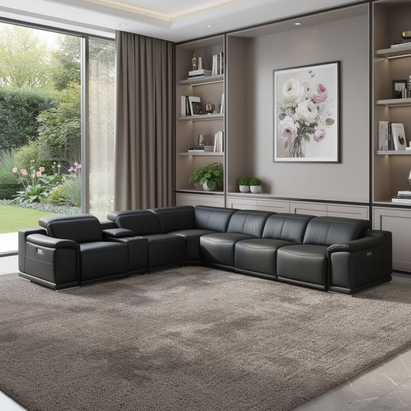 HomeRoots Black Italian Leather U-Shaped Sectional Sofa with Power Recline, Console & Modern Elegance Black 476594