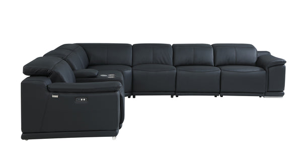 Homeroots Black Italian Leather Power Reclining U Shaped Seven Piece Corner Sectional With Console Black  476594