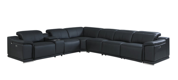 Homeroots Black Italian Leather Power Reclining U Shaped Seven Piece Corner Sectional With Console Black  476594