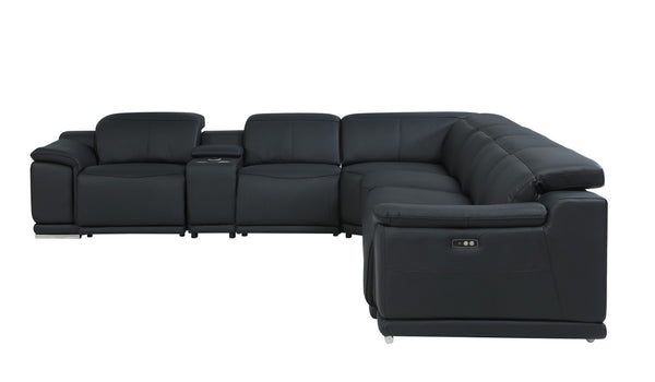 HomeRoots Black Italian Leather U-Shaped Sectional Sofa with Power Recline, Console & Modern Elegance Black 476594