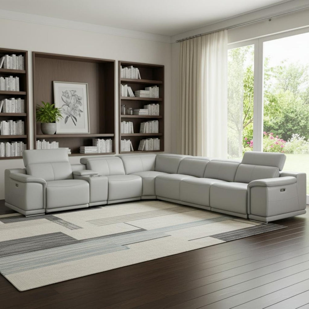 HomeRoots Light Italian Leather Power Reclining U-Shaped Seven-Piece Sectional with Console for Ultimate Comfort LIGHT GREY 476595