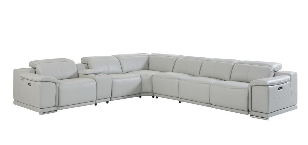 HomeRoots Light Italian Leather Power Reclining U-Shaped Seven-Piece Sectional with Console for Ultimate Comfort LIGHT GREY 476595