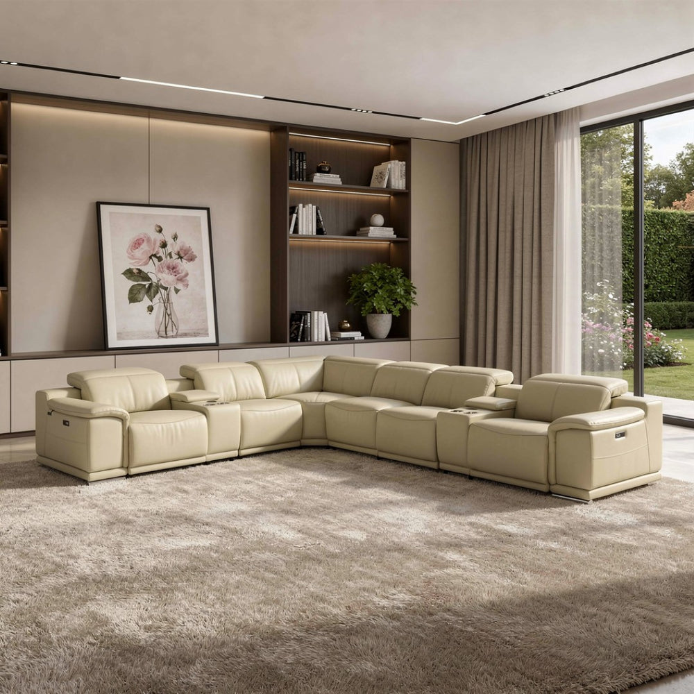 HomeRoots Beige Italian Leather U-Shaped Sectional Sofa with Power Recline, Console & USB - Luxurious Comfort Beige 476596