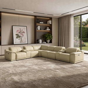 HomeRoots Beige Italian Leather U-Shaped Sectional Sofa with Power Recline, Console & USB - Luxurious Comfort Beige 476596