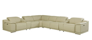 Homeroots Beige Italian Leather Power Reclining U Shaped Eight Piece Corner Sectional With Console Beige  476596