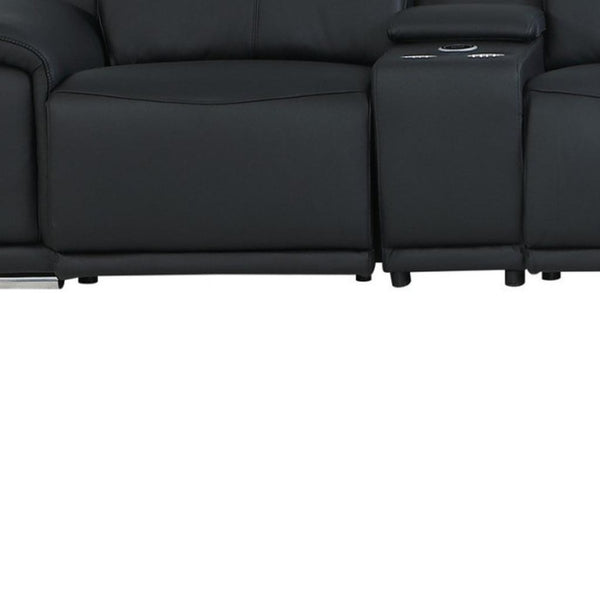 HomeRoots Black Italian Leather Power Reclining U-Shaped Sectional Sofa with Consoles for Maximum Comfort Black 476597