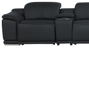 HomeRoots Black Italian Leather Power Reclining U-Shaped Sectional Sofa with Consoles for Maximum Comfort Black 476597