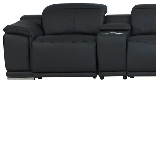 HomeRoots Black Italian Leather Power Reclining U-Shaped Sectional Sofa with Consoles for Maximum Comfort Black 476597