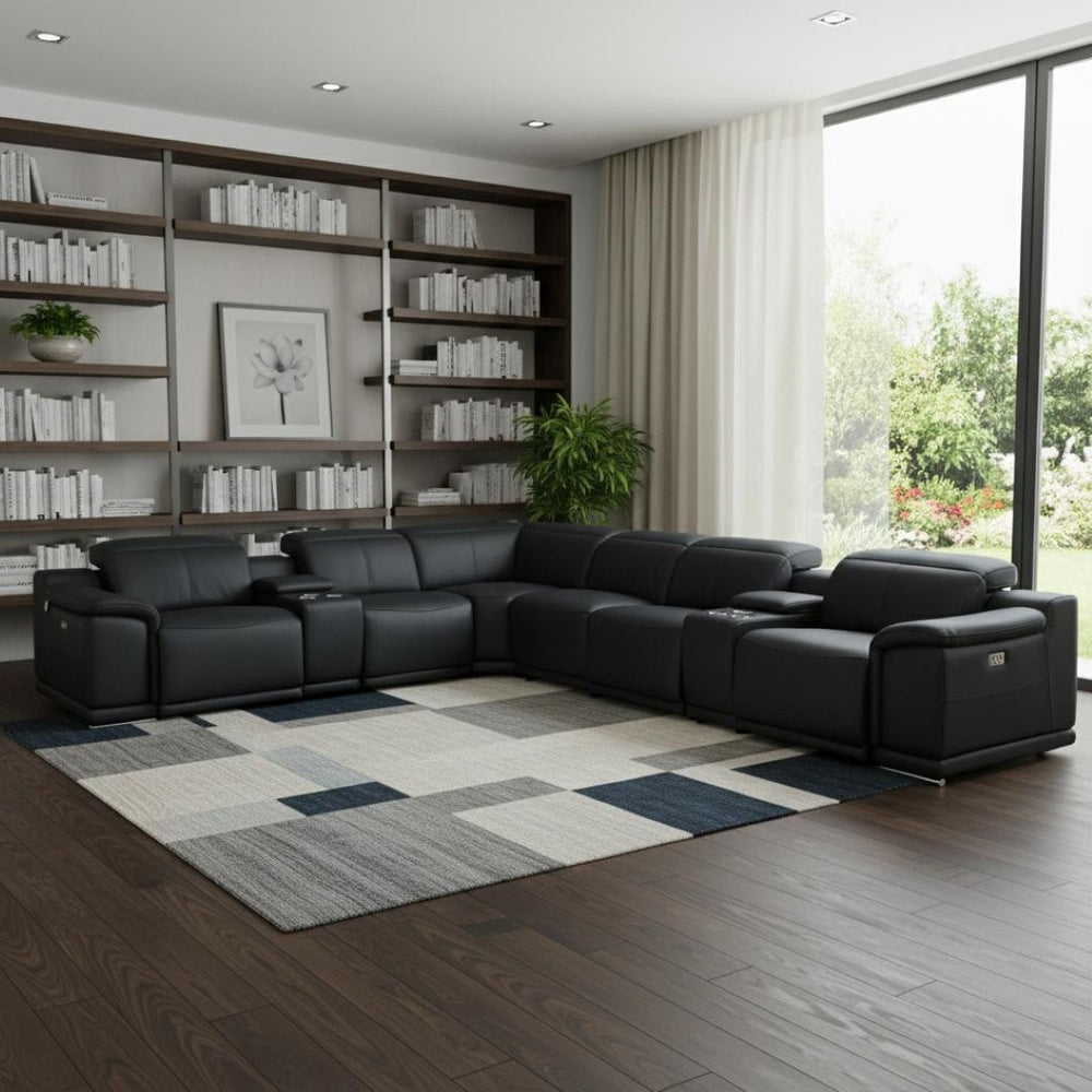 HomeRoots Black Italian Leather Power Reclining U-Shaped Sectional Sofa with Consoles for Maximum Comfort Black 476597