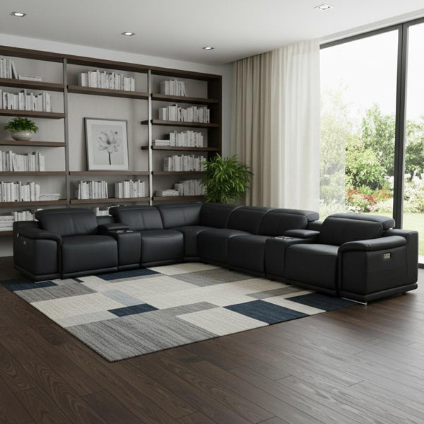 HomeRoots Black Italian Leather Power Reclining U-Shaped Sectional Sofa with Consoles for Maximum Comfort Black 476597