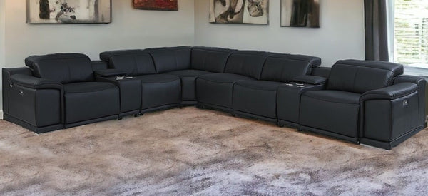 Homeroots Black Italian Leather Power Reclining U Shaped Eight Piece Corner Sectional With Console Black  476597