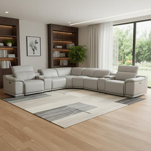 HomeRoots Light Italian Leather Power Reclining U-Shaped Sectional with Console for Modern Living Spaces LIGHT GREY 476598