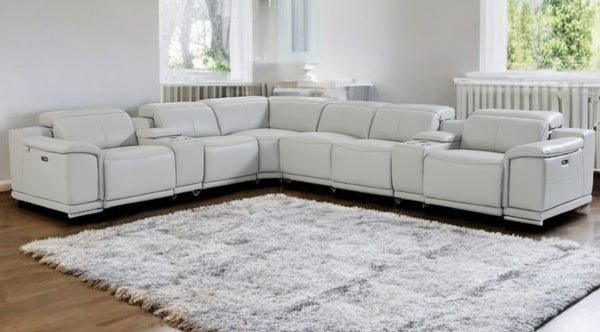 Homeroots Light Gray Italian Leather Power Reclining U Shaped Eight Piece Corner Sectional With Console Light Grey  476598