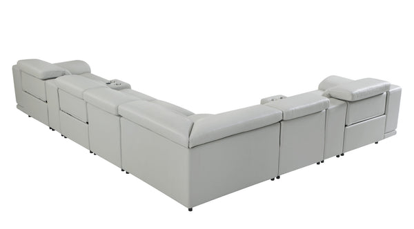 Homeroots Light Gray Italian Leather Power Reclining U Shaped Eight Piece Corner Sectional With Console Light Grey  476598