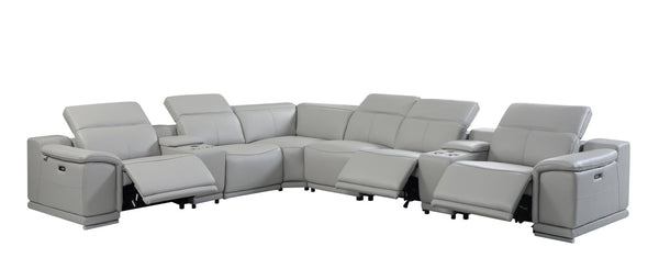 Homeroots Light Gray Italian Leather Power Reclining U Shaped Eight Piece Corner Sectional With Console Light Grey  476598