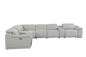 Homeroots Light Gray Italian Leather Power Reclining U Shaped Eight Piece Corner Sectional With Console Light Grey  476598