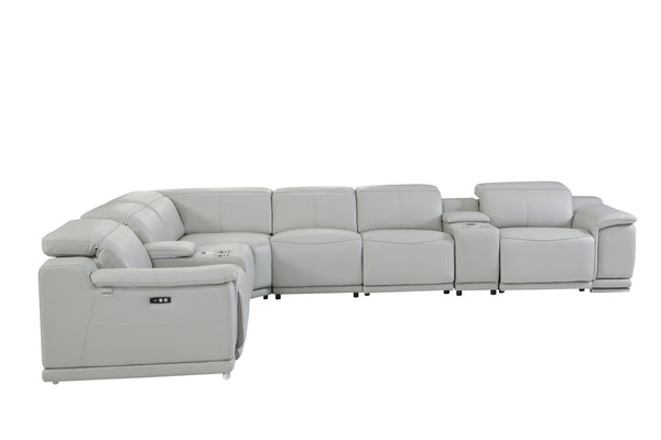 Homeroots Light Gray Italian Leather Power Reclining U Shaped Eight Piece Corner Sectional With Console Light Grey  476598