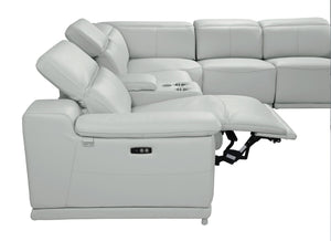 HomeRoots Light Italian Leather Power Reclining U-Shaped Sectional with Console for Modern Living Spaces LIGHT GREY 476598