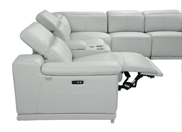 HomeRoots Light Italian Leather Power Reclining U-Shaped Sectional with Console for Modern Living Spaces LIGHT GREY 476598