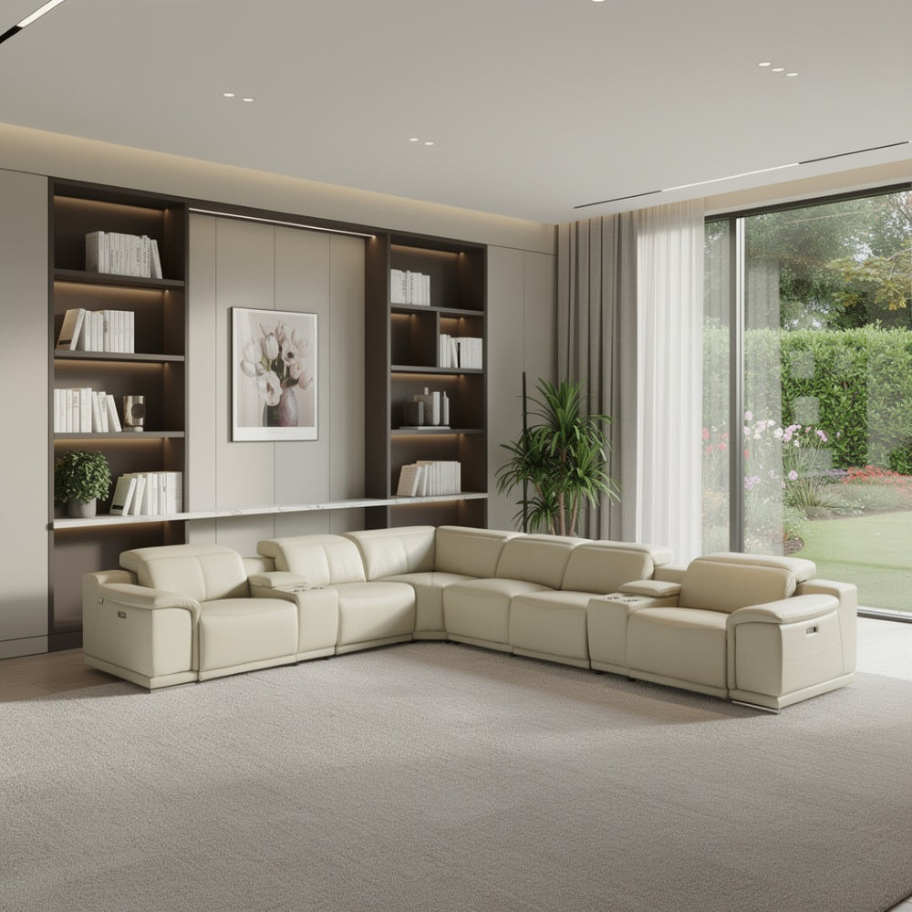 HomeRoots Beige Italian Leather U-Shaped Sectional Sofa: Power Reclining Comfort with Console & USB Charging Beige 476599