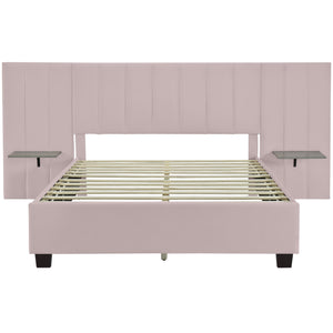 English Elm Queen Upholstered Platform Bed with Oversized Velvet Headboard, Built-In Shelves, Modern Comfort and Support for Relaxation Pink SF000138AAH