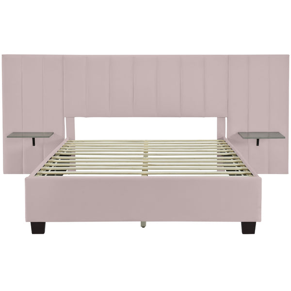 English Elm Queen Upholstered Platform Bed with Oversized Velvet Headboard, Built-In Shelves, Modern Comfort and Support for Relaxation Pink SF000138AAH