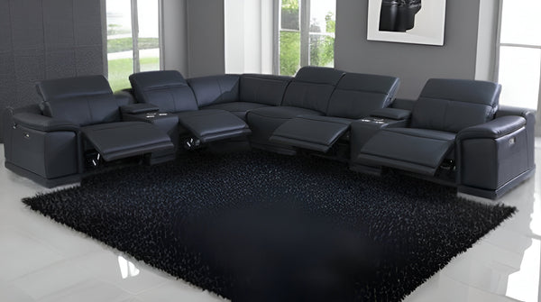 Homeroots Black Italian Leather Power Reclining U Shaped Eight Piece Corner Sectional With Console Black  476600