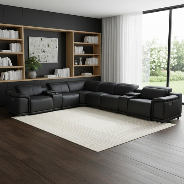 HomeRoots Black Italian Leather Power Reclining U-Shaped Sectional Sofa with Console & USB Charging Port Black 476600