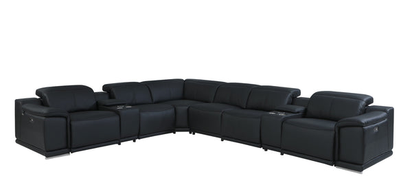 Homeroots Black Italian Leather Power Reclining U Shaped Eight Piece Corner Sectional With Console Black  476600
