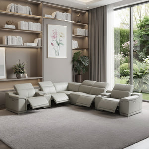 HomeRoots Light Italian Leather Power Reclining U-Shaped Eight-Piece Sectional with Console for Modern Living LIGHT GREY 476601