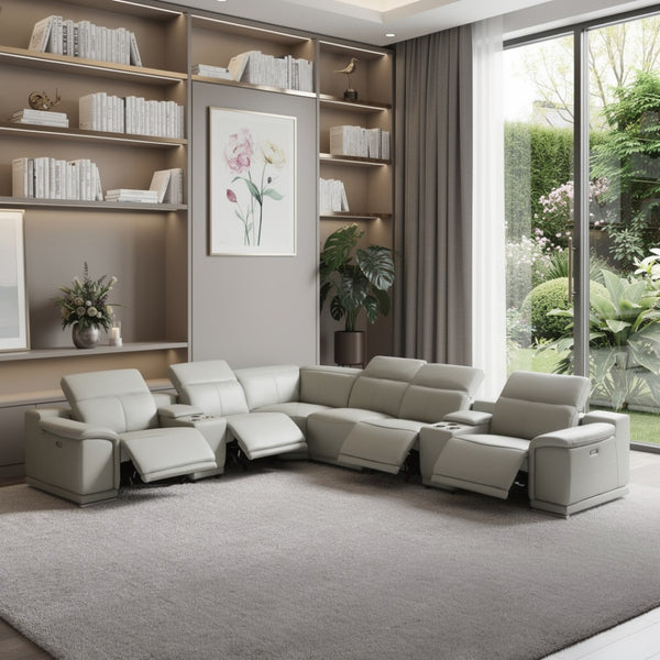 HomeRoots Light Italian Leather Power Reclining U-Shaped Eight-Piece Sectional with Console for Modern Living LIGHT GREY 476601