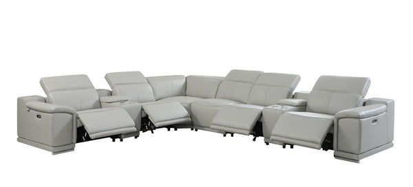 Homeroots Light Gray Italian Leather Power Reclining U Shaped Eight Piece Corner Sectional With Console Light Grey  476601