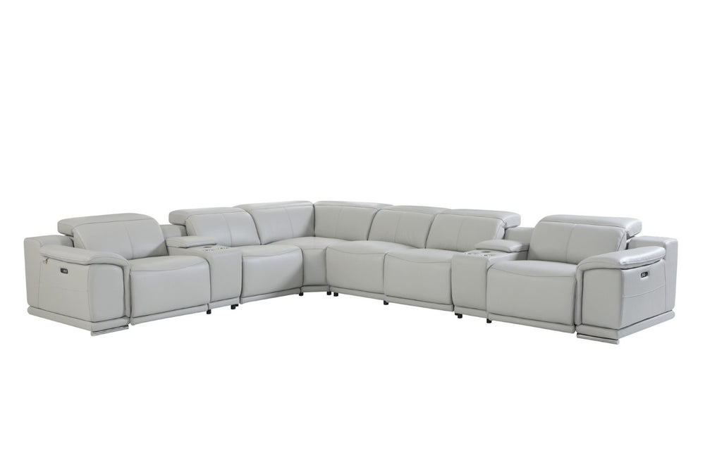 HomeRoots Light Italian Leather Power Reclining U-Shaped Eight-Piece Sectional with Console for Modern Living LIGHT GREY 476601